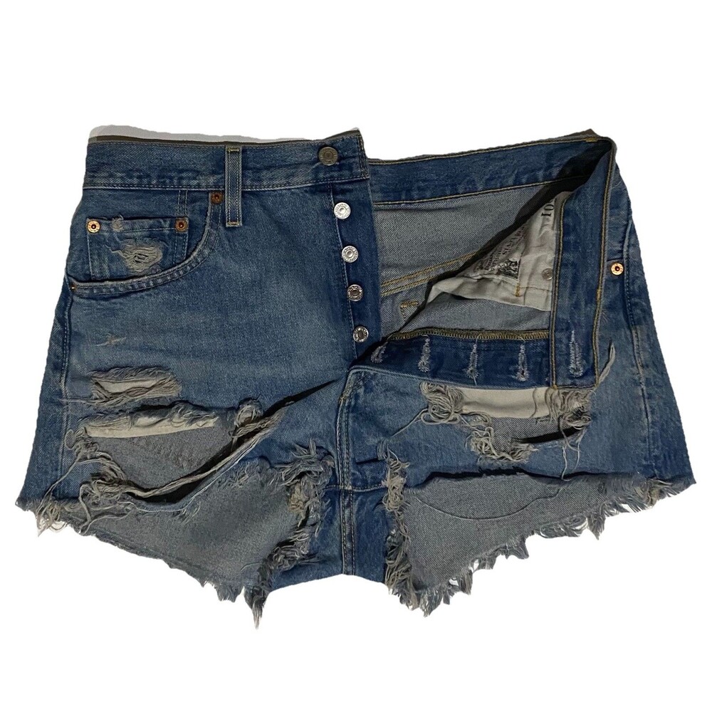 Levis 501 Premium Shorts Women 32 Blue Denim Cutoff Distressed Frayed Button Fly